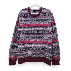 DKNY Men's Large Burgundy Grey Fair Isle Crewneck Wool Blend Sweater